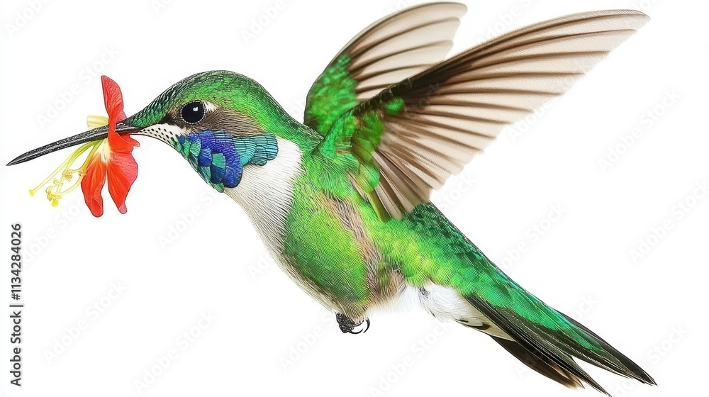Obraz premium Vibrant hummingbird in flight, holding a flower.