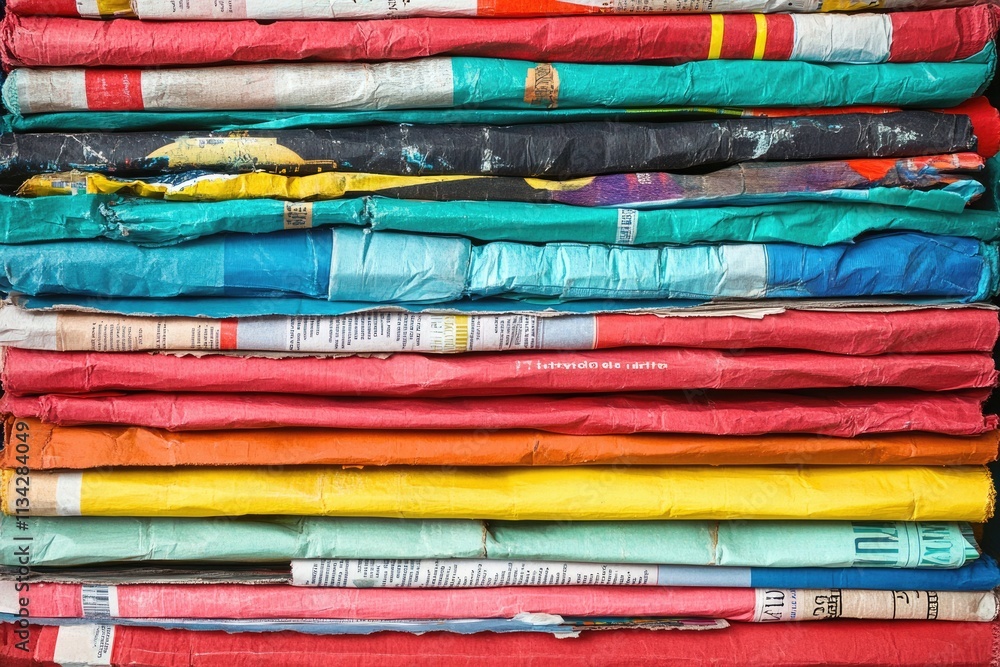 Bright Closeup of Bound Stacks of Colorful Paper Magazines and Newspapers in an Environmentally Friendly Container Bright Closeup of Bound Stacks of Colorful Paper Magazines and Newspapers in an Environmentally Friendly Container