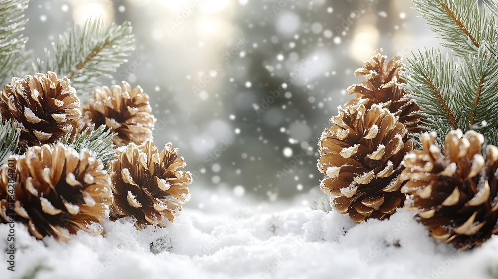 Golden Pine Cones Resting on Snowy Winter Branches Golden Pine Cones Resting on Snowy Winter Branches