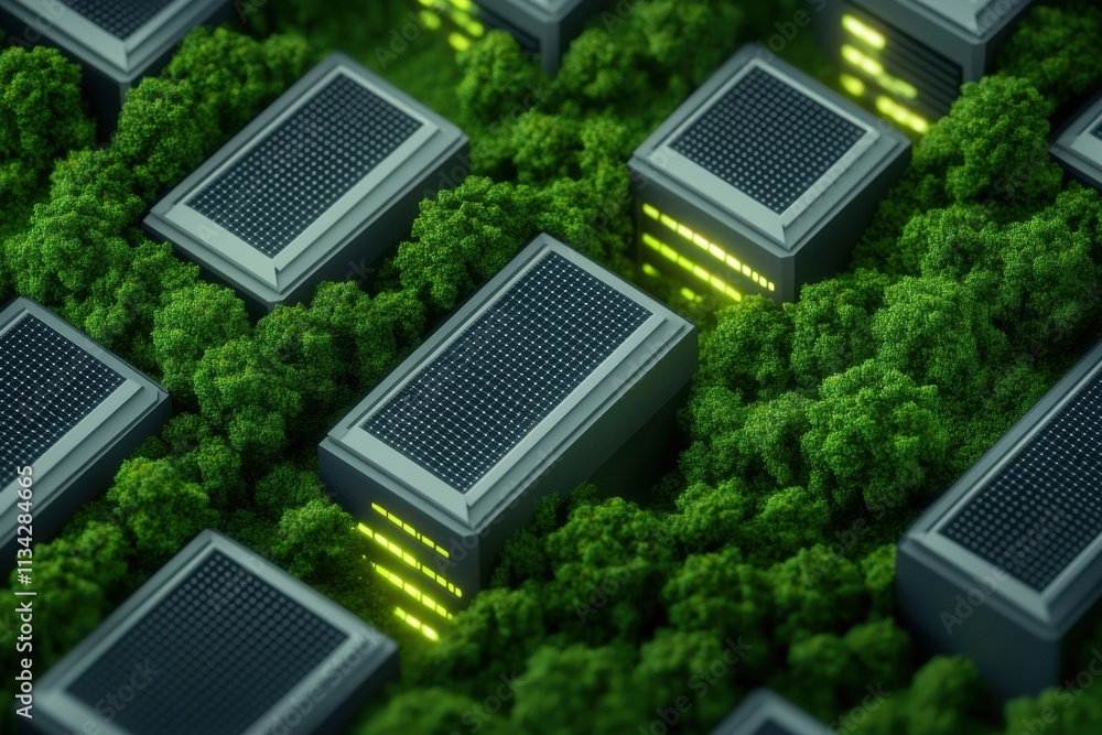 Fototapeta premium Aerial View of Solar-Powered Buildings Nestled Among Dense Green Forest, Emphasizing Renewable Energy and Sustainable Living Concepts in Urban Development