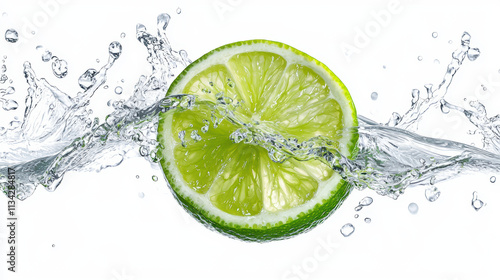 Fresh lime slice splashing in clear water, vibrant and refreshing concept