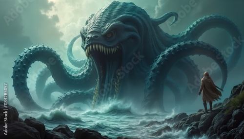 Huge kraken monster with huge tentacles attacks coast. Figure stands on rocky shore watching in fear. Dark stormy sea. Coastal scene. Epic mythical creature. Danger concept. Huge sea monster, human. photo