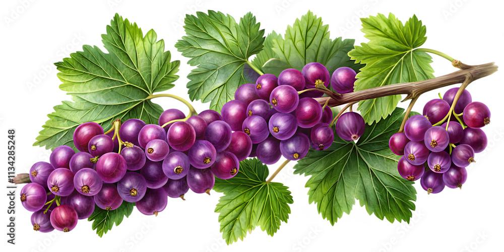 Obraz premium Currant Branch with Purple Gradient Fruits, Transparent Background. Perfect for: Harvest festivals, rural areas, food markets