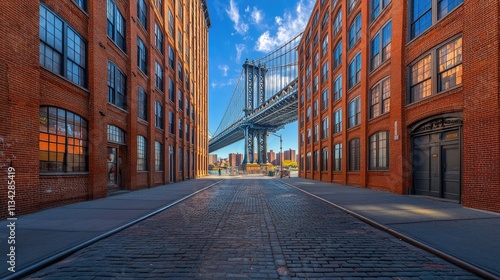 Scenic View of Manhattan Bridge Framed by Brick Buildings in Dumbo, Brooklyn on a Sunny NYC Day