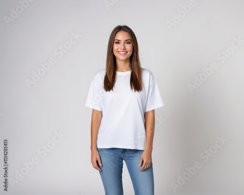 Young woman wearing white oversized t-shirt and jeans isolated on grey background