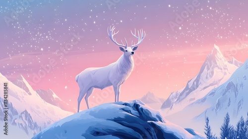 A majestic white deer with perfect antlers, on the mountain and the view of the stars in the beautiful sky