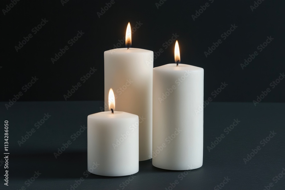Elegant White Candle Illuminating with Soft Flame Against Dark Backdrop Elegant White Candle Illuminating with Soft Flame Against Dark Backdrop