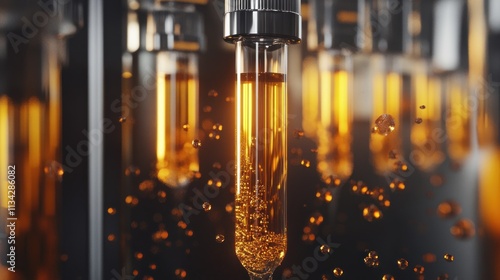 Close-up of amber liquid flowing through glass tubes in industrial setting.