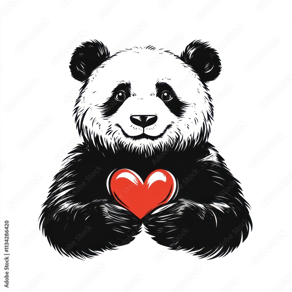 Adorable panda holding a red heart. Adorable panda holding a red heart.