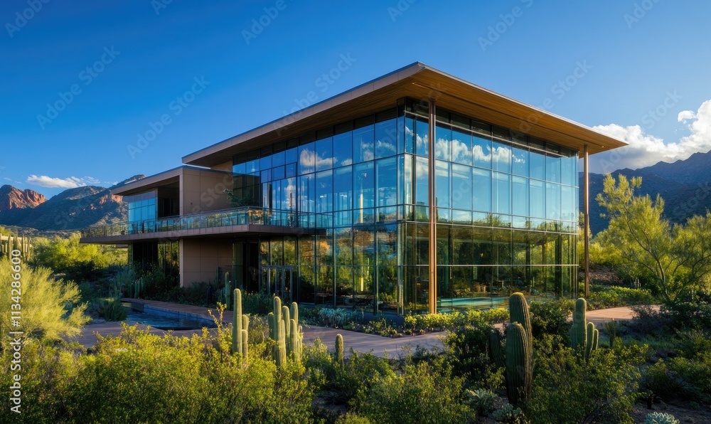 A modern, two-story house in the desert of Arizona with glass windows and tan wood accents A modern, two-story house in the desert of Arizona with glass windows and tan wood accents