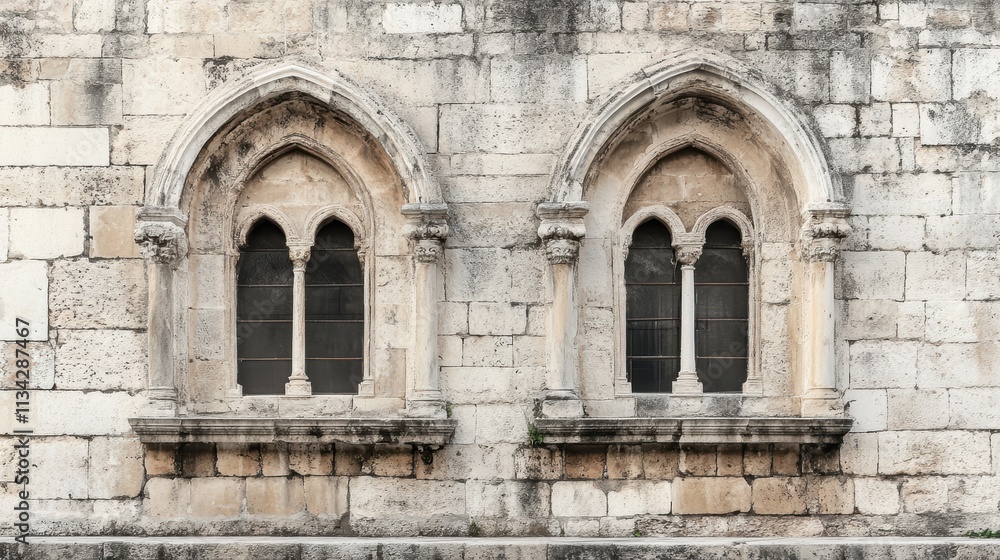 Two gothic style arched windows on a weathered stone wall. Two gothic style arched windows on a weathered stone wall.