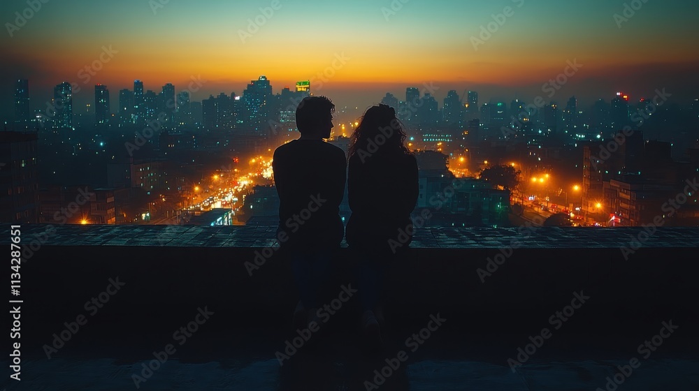 Fototapeta premium A couple sits together, silhouetted against a vibrant city skyline at sunset.