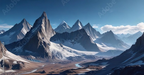 A dramatic mountain range with towering peaks and glaciers carved into the sides overlooking a vast expanse of open space against a deep shade of cobalt blue sky, mountainscape, blue sky photo