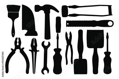 Objects, equipment, tool silhouettes set isolated flat vector illustration on white background