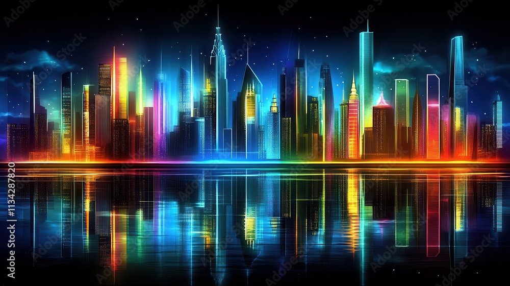 Vibrant neon cityscape reflected in water at night. Vibrant neon cityscape reflected in water at night.