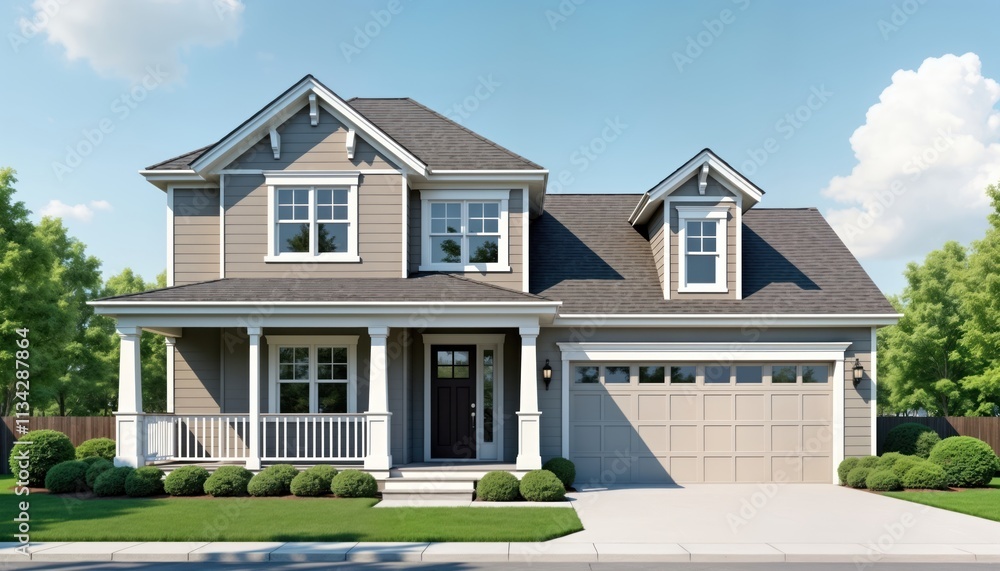Gray house with covered veranda, garage. Modern home design with classic touch. Landscaped front yard with bushes, grass. Ideal for real estate agents, homebuyers. Suburban residence in sunny day. Gray house with covered veranda, garage. Modern home design with classic touch. Landscaped front yard with bushes, grass. Ideal for real estate agents, homebuyers. Suburban residence in sunny day.
