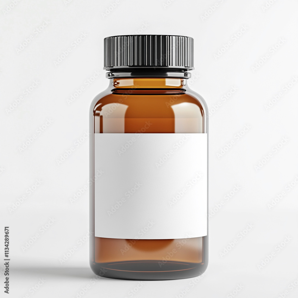 A blank label in front of a glass bottle, a mockup template design on a white background A blank label in front of a glass bottle, a mockup template design on a white background
