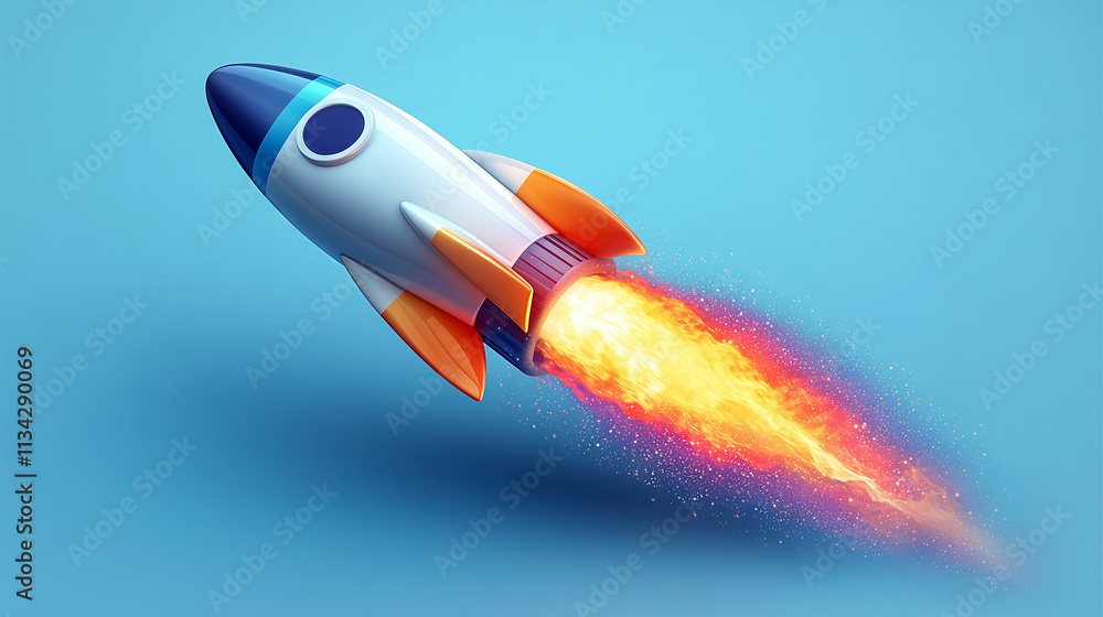 Toy rocket launching with fire and smoke billowing from behind against a plain blue background with copy space for text Toy rocket launching with fire and smoke billowing from behind against a plain blue background with copy space for text