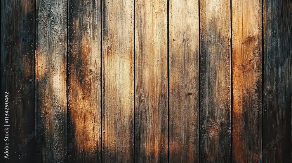 Naklejka premium A rustic wooden plank background featuring rich, textured grains and natural knots in shades of dark brown and warm amber. The aged and weathered appearance is complemented by the subtle sheen 