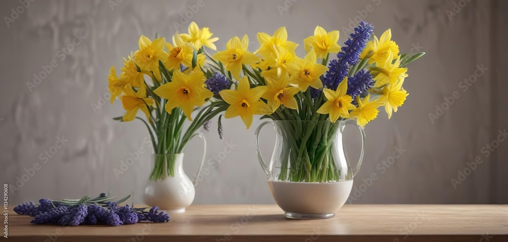 A delicate mix of daffodils and hyacinths in a elegant vase, spring flowers, vase A delicate mix of daffodils and hyacinths in a elegant vase, spring flowers, vase