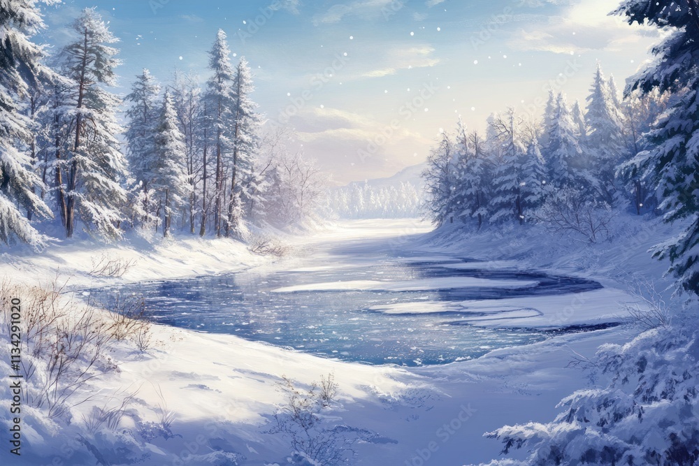 Serene winter landscape with a snow-covered river flowing through a pine forest under a bright, clear sky. Serene winter landscape with a snow-covered river flowing through a pine forest under a bright, clear sky.