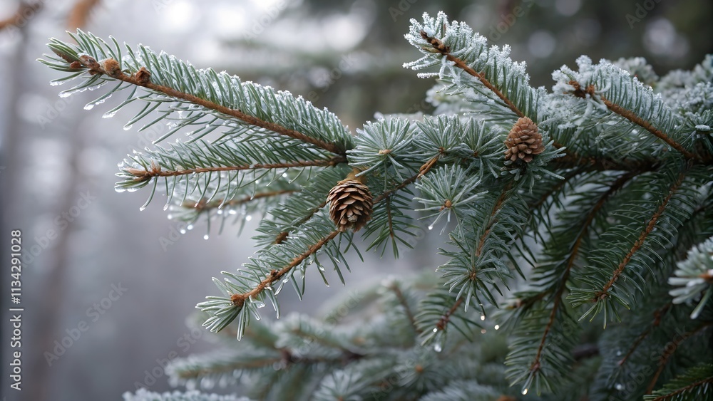 Spruce branch on the winter forest background. Screen background. Christmas and new year design.