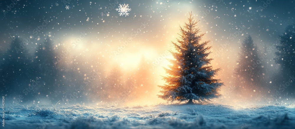 Snowy winter landscape with a single fir tree in a golden sunrise. Snowy winter landscape with a single fir tree in a golden sunrise.