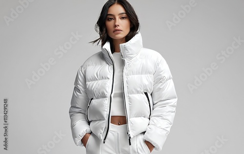 Woman in white puffer jacket, posing against a gray background.