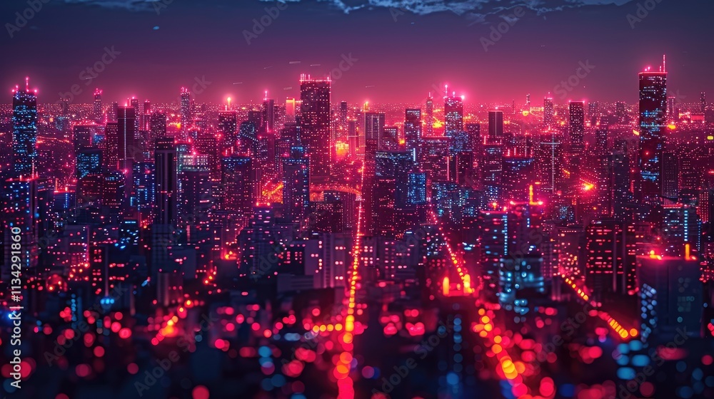 A vibrant city skyline illuminated with neon lights at night. A vibrant city skyline illuminated with neon lights at night.