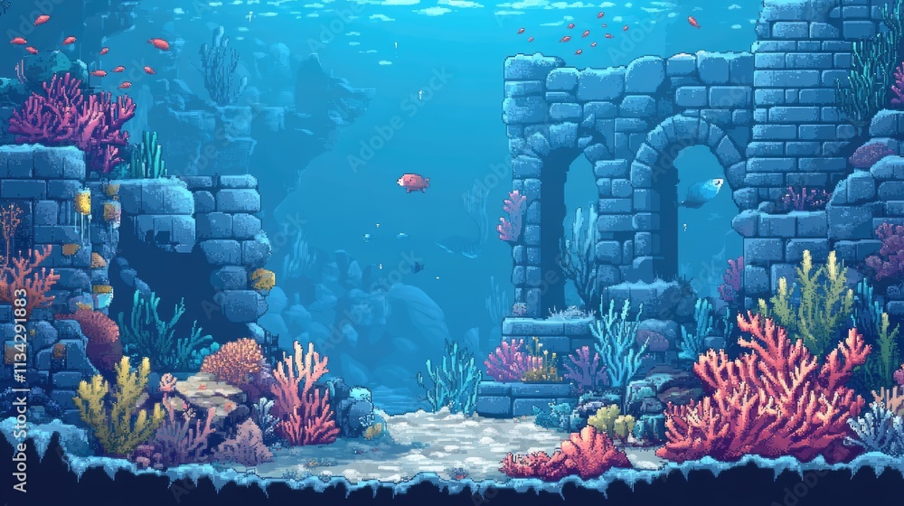 Video game underwater graphics, level design background, coral reef retro vintage gaming backdrop, anime water,
