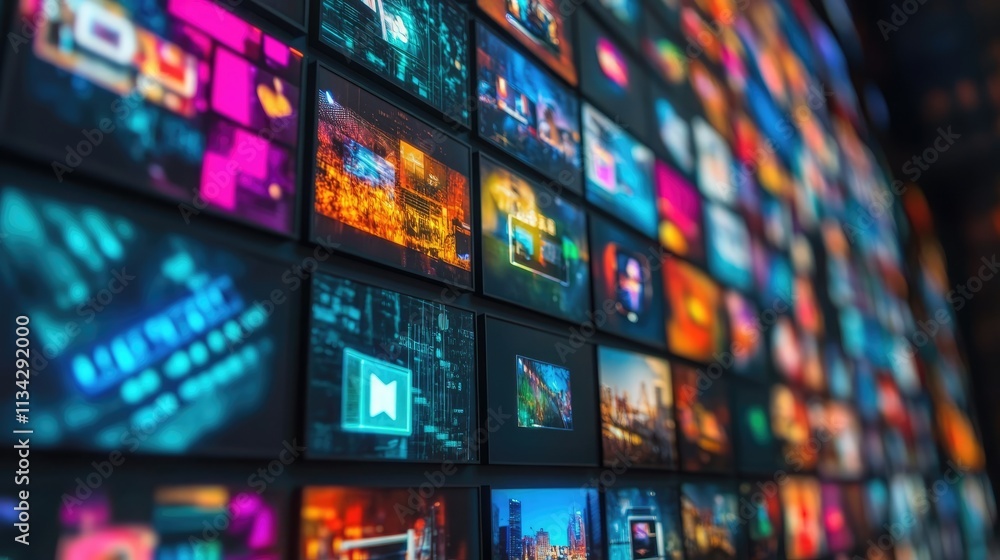 Video wall with multimedia images on different television screens, monitor, image, program, broadcasting, bright, colorful, technology, multicolored, display, media, communication, background Video wall with multimedia images on different television screens, monitor, image, program, broadcasting, bright, colorful, technology, multicolored, display, media, communication, background