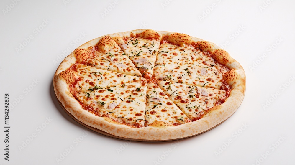 A freshly baked cheese pizza sliced into eight pieces, featuring a golden crust and topped with herbs against a plain background. A freshly baked cheese pizza sliced into eight pieces, featuring a golden crust and topped with herbs against a plain background.