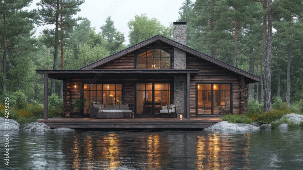 A serene lakeside cabin surrounded by trees, reflecting a peaceful retreat in nature. A serene lakeside cabin surrounded by trees, reflecting a peaceful retreat in nature.