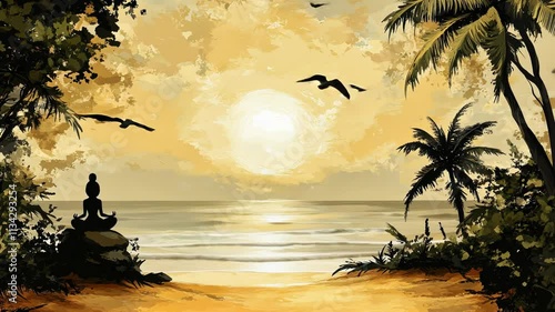 Tranquil beach sunset with soaring birds and swaying palms