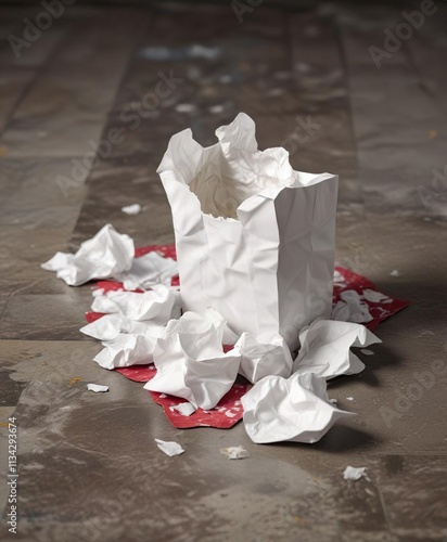 A crumpled tissue box with used tissues scattered around the floor, used tissue box, tissue box mess, floorscape clutter photo