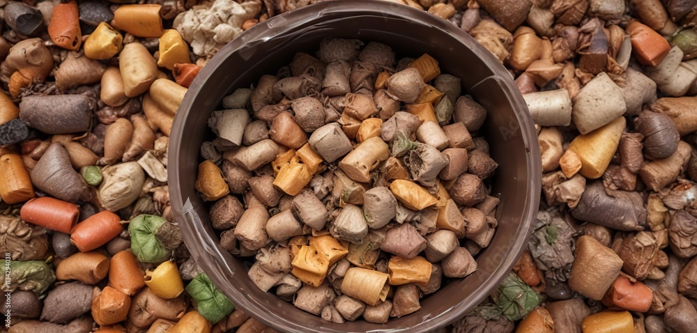 Brown organic waste piled high in a cylindrical plastic bin, grass clippings, natural waste disposal Brown organic waste piled high in a cylindrical plastic bin, grass clippings, natural waste disposal