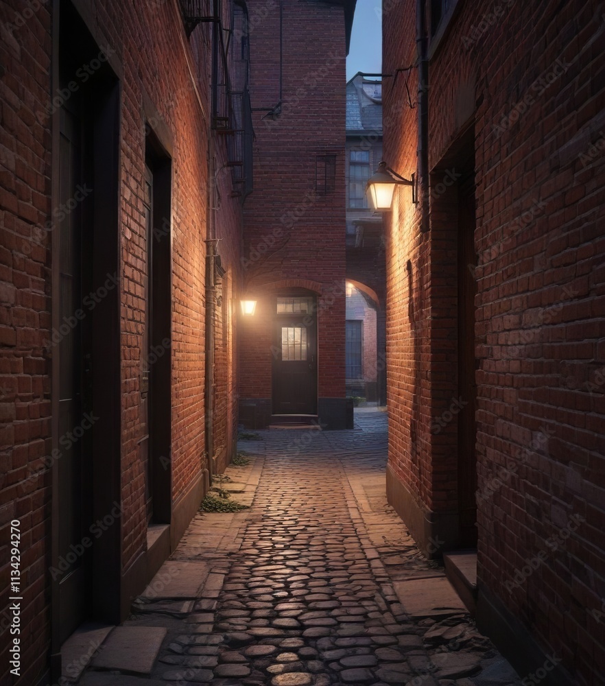 Narrow dimly lit passageway between two old brick buildings, alleyway, dark Narrow dimly lit passageway between two old brick buildings, alleyway, dark
