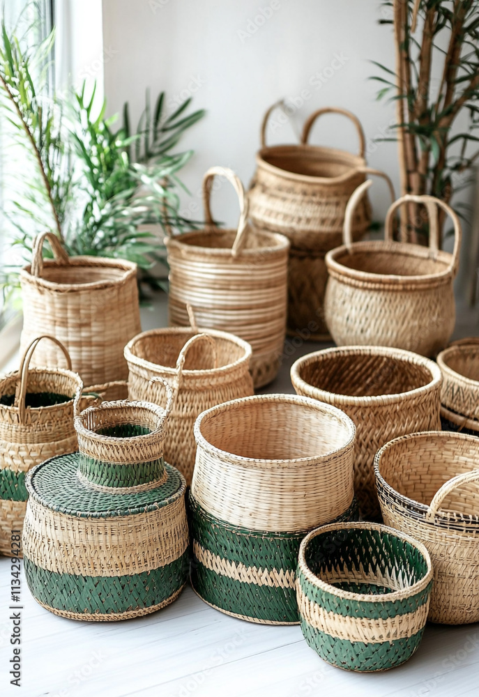 A collection of bamboo and rattan baskets arranged in various shapes on the floor. A collection of bamboo and rattan baskets arranged in various shapes on the floor.