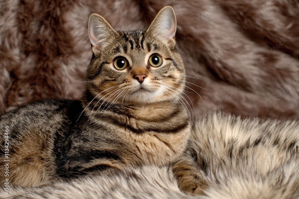 Cute Tabby Cat Posing Elegantly on Soft Fur Background in Studio Setting with Warm Lighting Cute Tabby Cat Posing Elegantly on Soft Fur Background in Studio Setting with Warm Lighting