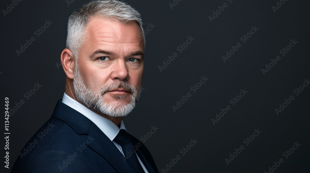 A mature man with a stylish beard and gray hair poses confidently in a dark suit against a dark background. A mature man with a stylish beard and gray hair poses confidently in a dark suit against a dark background.