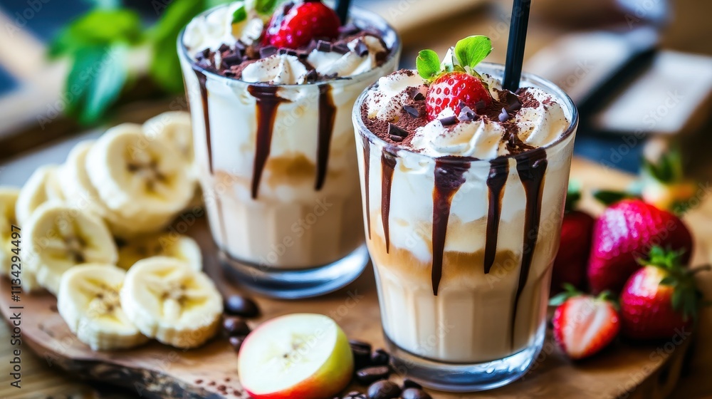 Two iced coffee drinks topped with whipped cream, chocolate shavings, and strawberries, served with banana slices and apple. Two iced coffee drinks topped with whipped cream, chocolate shavings, and strawberries, served with banana slices and apple.