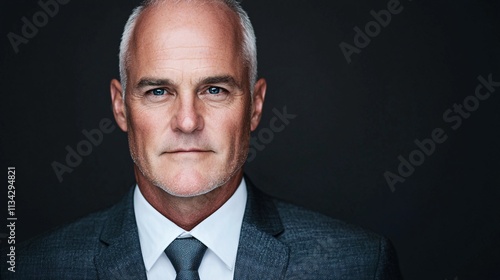 A confident, middle-aged man in a suit poses against a dark background, exuding professionalism and poise.