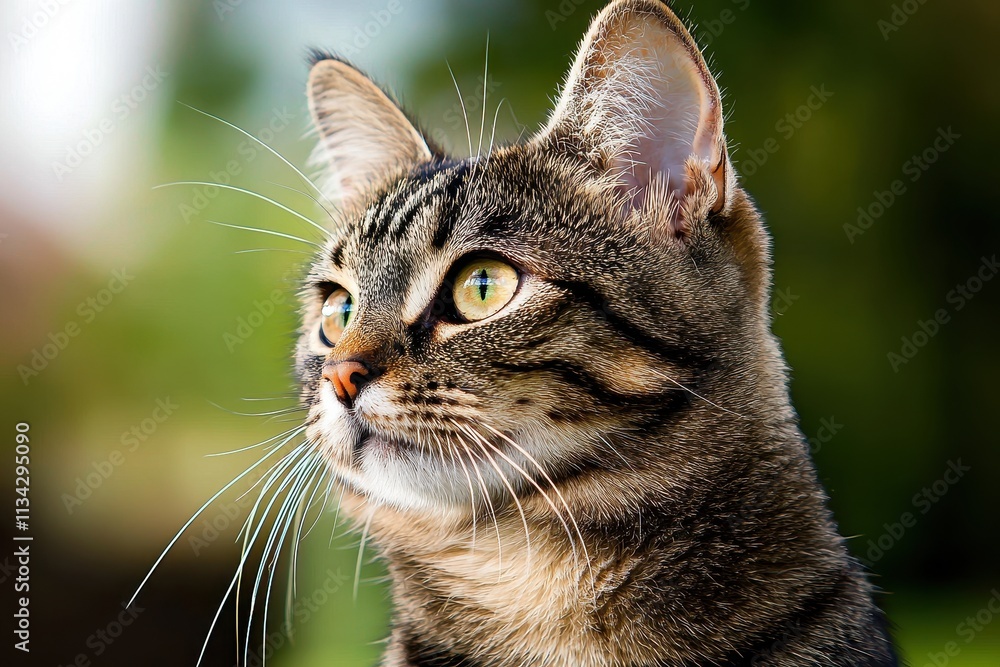 Close-Up Portrait of a Tabby Cat with Green Eyes and Whiskers Against a Soft Background Close-Up Portrait of a Tabby Cat with Green Eyes and Whiskers Against a Soft Background