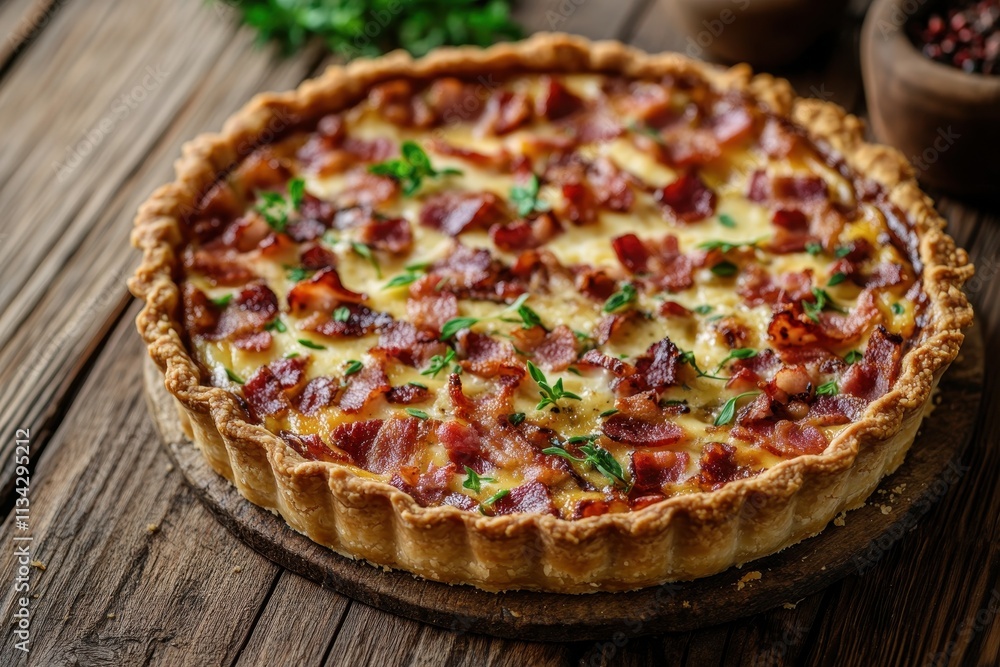 Crispy bacon and cheese quiche in a flaky crust. Perfect for illustrating recipes, food blogs, or restaurant menus. Crispy bacon and cheese quiche in a flaky crust. Perfect for illustrating recipes, food blogs, or restaurant menus.