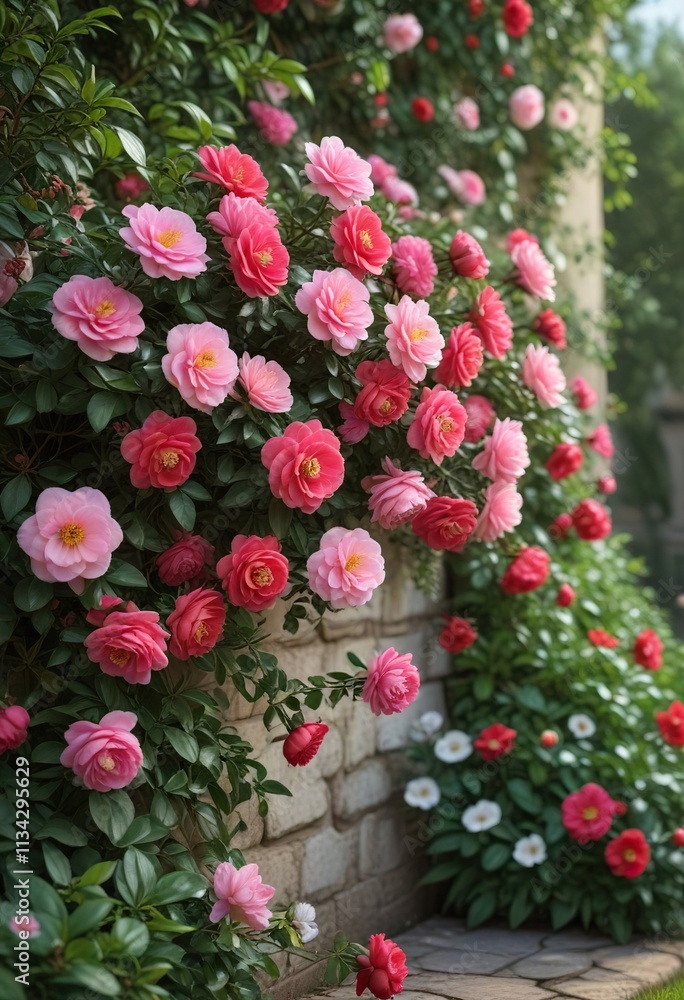 Camellia and anemone flower bundle in a garden corner, texture, greenery Camellia and anemone flower bundle in a garden corner, texture, greenery