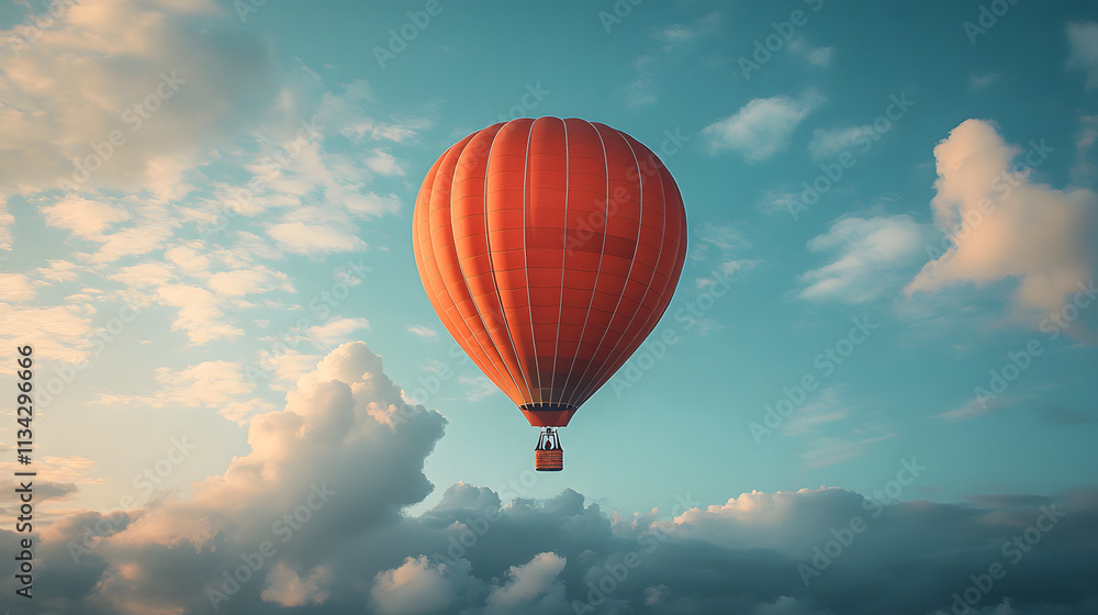 A red hot air balloon floating in the clear sky, creating a stunning visual contrast against the bright blue backdrop, evoking feelings of freedom and adventure, perfect for travel and outdoor explora A red hot air balloon floating in the clear sky, creating a stunning visual contrast against the bright blue backdrop, evoking feelings of freedom and adventure, perfect for travel and outdoor explora