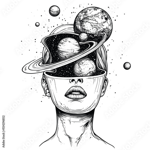 Surreal black and white drawing of a woman's face with planets