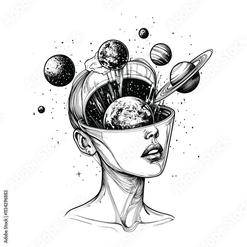 Surreal black and white drawing of a woman's face with planets