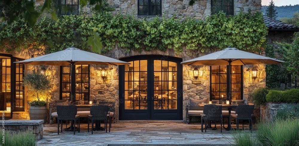 the exterior front door and patio area at an elegant country club restaurant the exterior front door and patio area at an elegant country club restaurant
