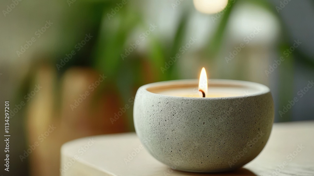 Lit candle in a light-grey, round container on a wooden table. Lit candle in a light-grey, round container on a wooden table.